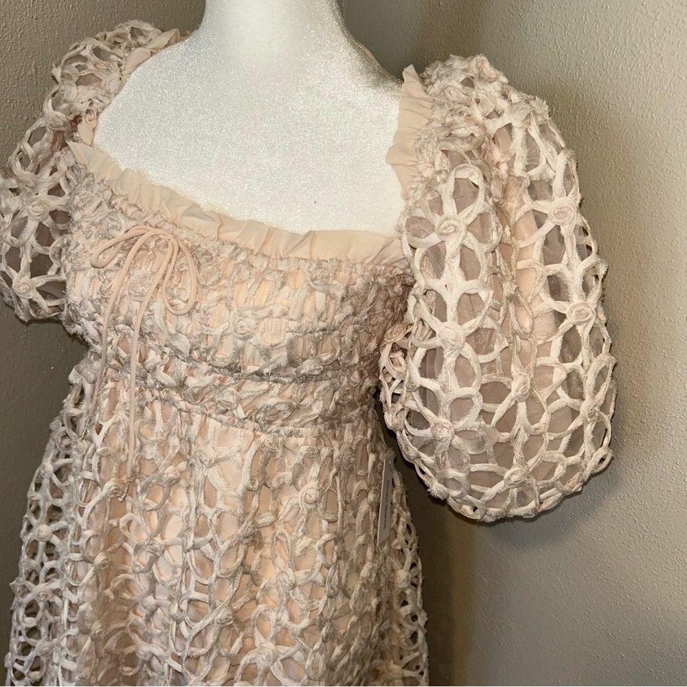 For Love And Lemons crochet Cream Puff Sleeve bridal cottagecore Mini Dress - Picture 3 of 6